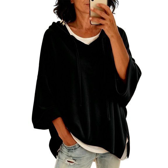 Oversized Sweatshirts for Women - 2026 Fall Winter Outfits Casual 3/4 Sleeve V Neck Comfort Hoodie Pullover