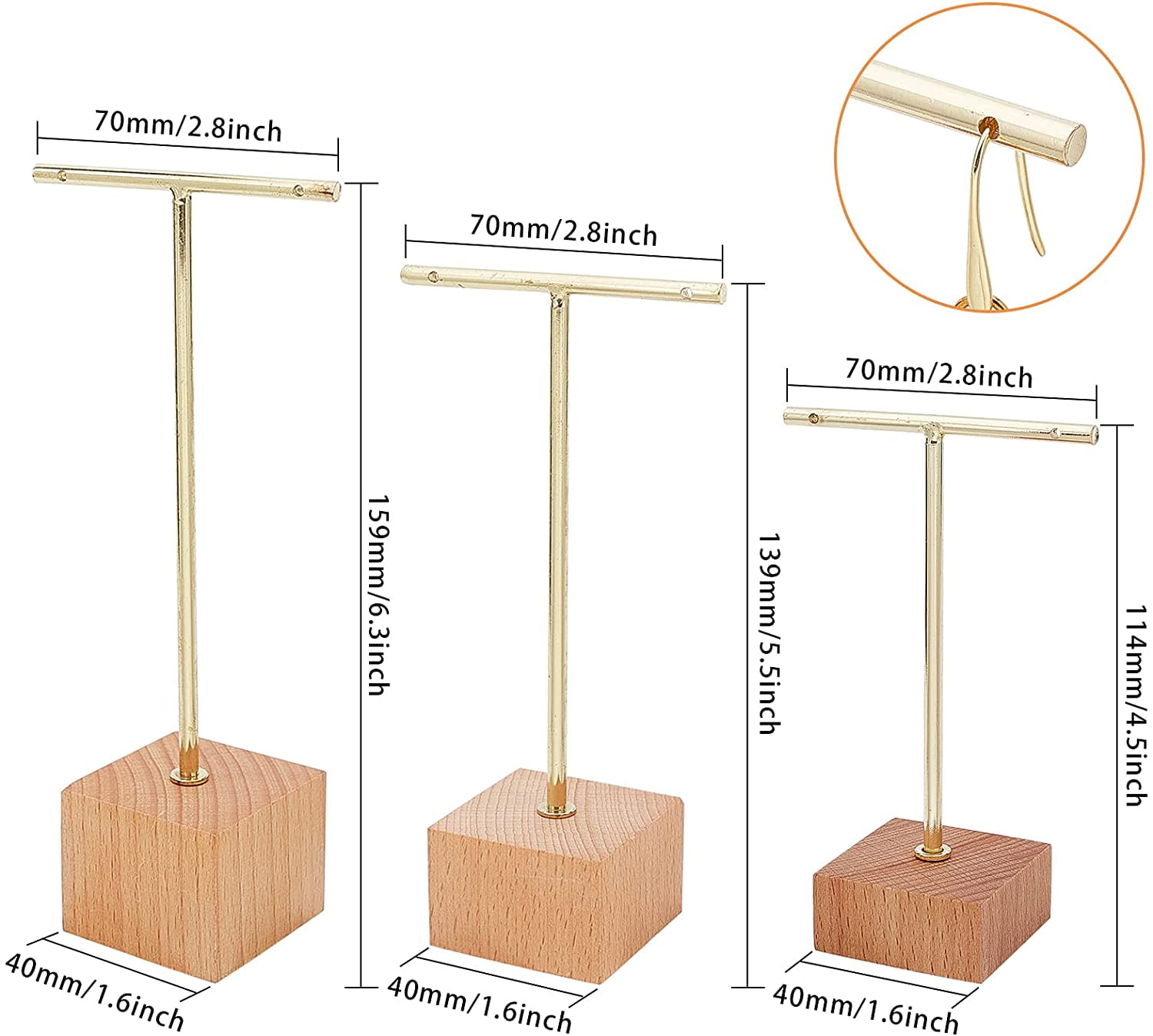 3 Pcs Gold Metal T Bar Earring Display Stand with Wooden Square Base 4  Holes Jewelry Holders Hanging Earring Organizer for Store Retail  Photography Props（4.7 & 5.5 &6.3 inch Height） 