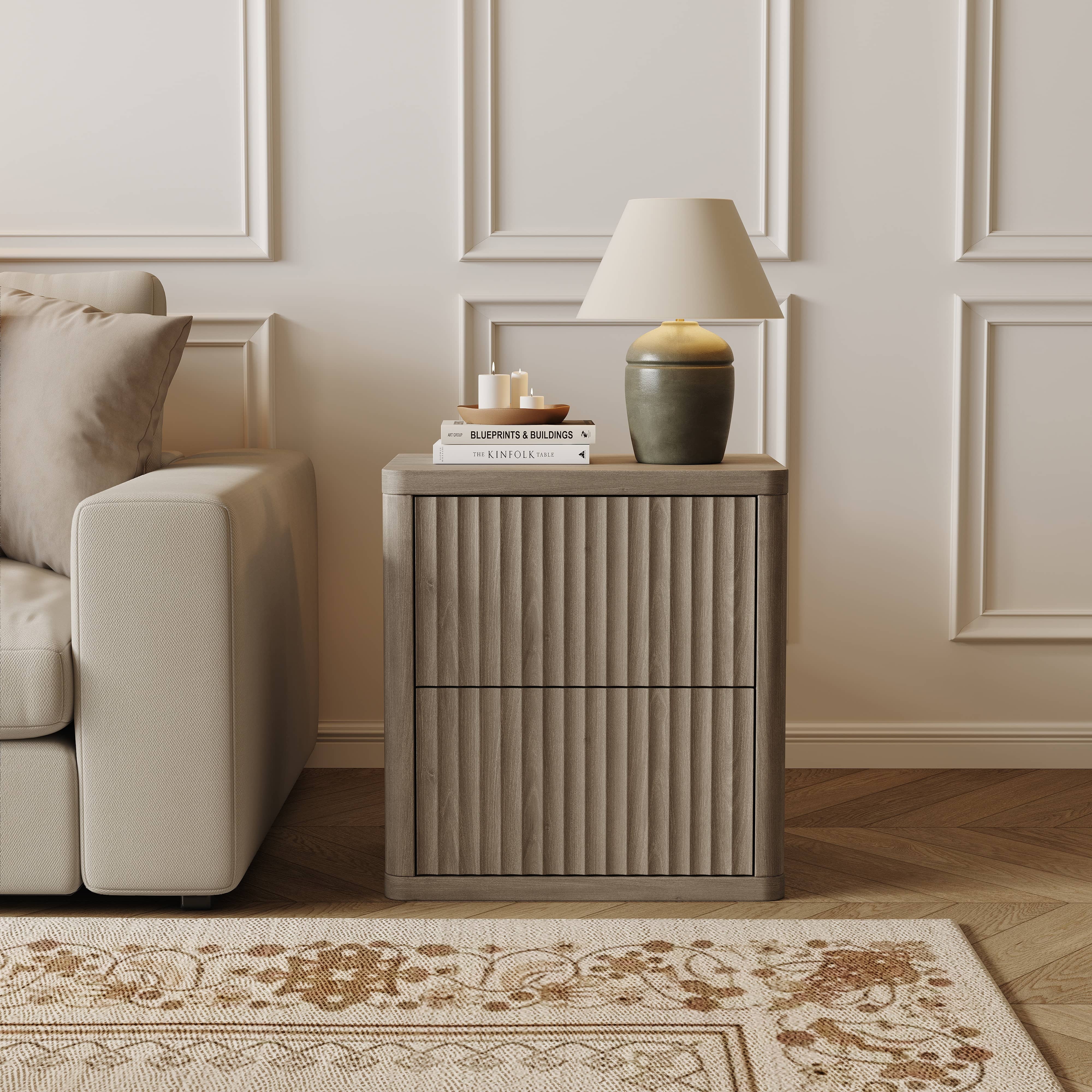 SICOTAS Fluted 2 Drawer Nightstand Set of 2, 22.75" W Small Modern Bedside Table with Large Handless Drawers, Curved Edge Design, Wooden End Table for Bedroom, Living Room, Dark Grey