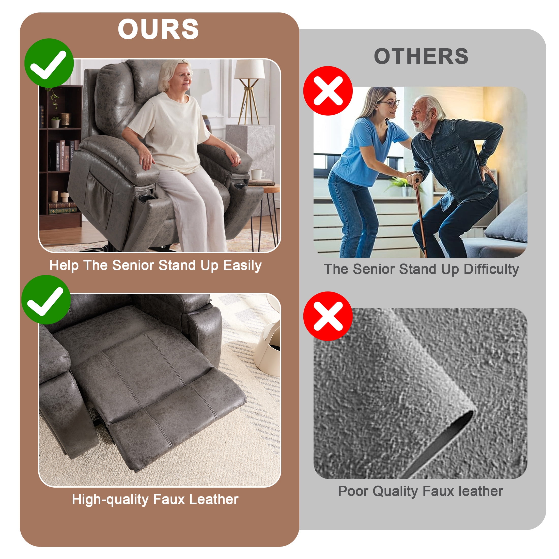 Aukfa Power Lift Recliner Chair w/ Massage & Heat for Elderly, Overstuffed Recliners,Concealed Cup Holder,Gray'