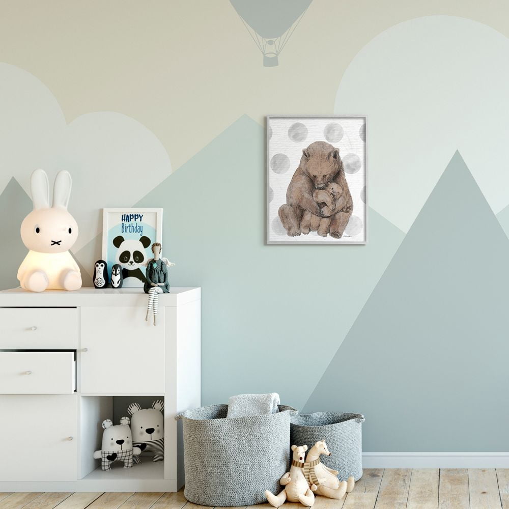Stupell Industries Nursery Bear and Cub Illustration Neutral Polka Dots Framed Wall Art Design by Daphne Polselli, 16" x 20", Gray Framed