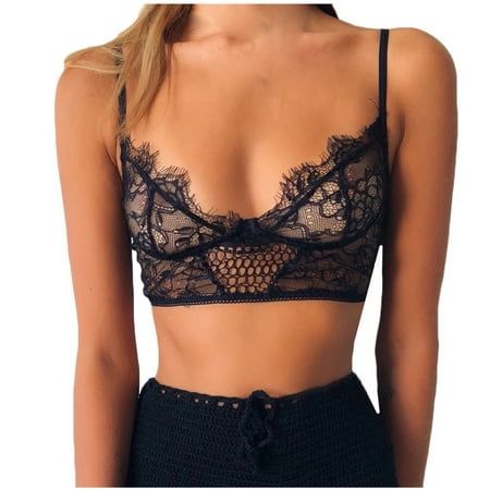 

VERUGU Lace Bras for Women Hollow Out Vest Crop Perspective Wire Free Backless Lingerie Sexy V-Neck Underwear Camisole Black XXL