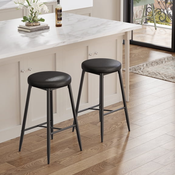 Gaderth Bar Stools Set of 2, Upholstered Bar Chairs, 26 Inch Counter Height Modern Barstools with Thick Seat, Metal Frame & Footrest, Faux Leather Saddle Stools