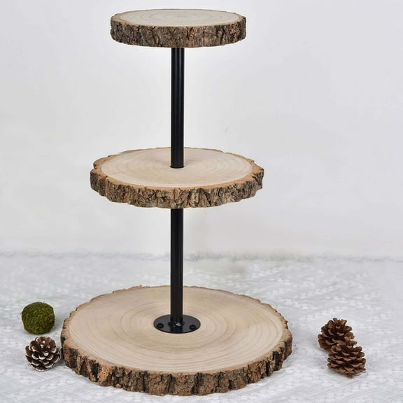 Efavormart 19" Tall | 3 Tier Rustic Cupcake Stand, Natural Wooden Cake Stand Dessert Display With Metal Pole