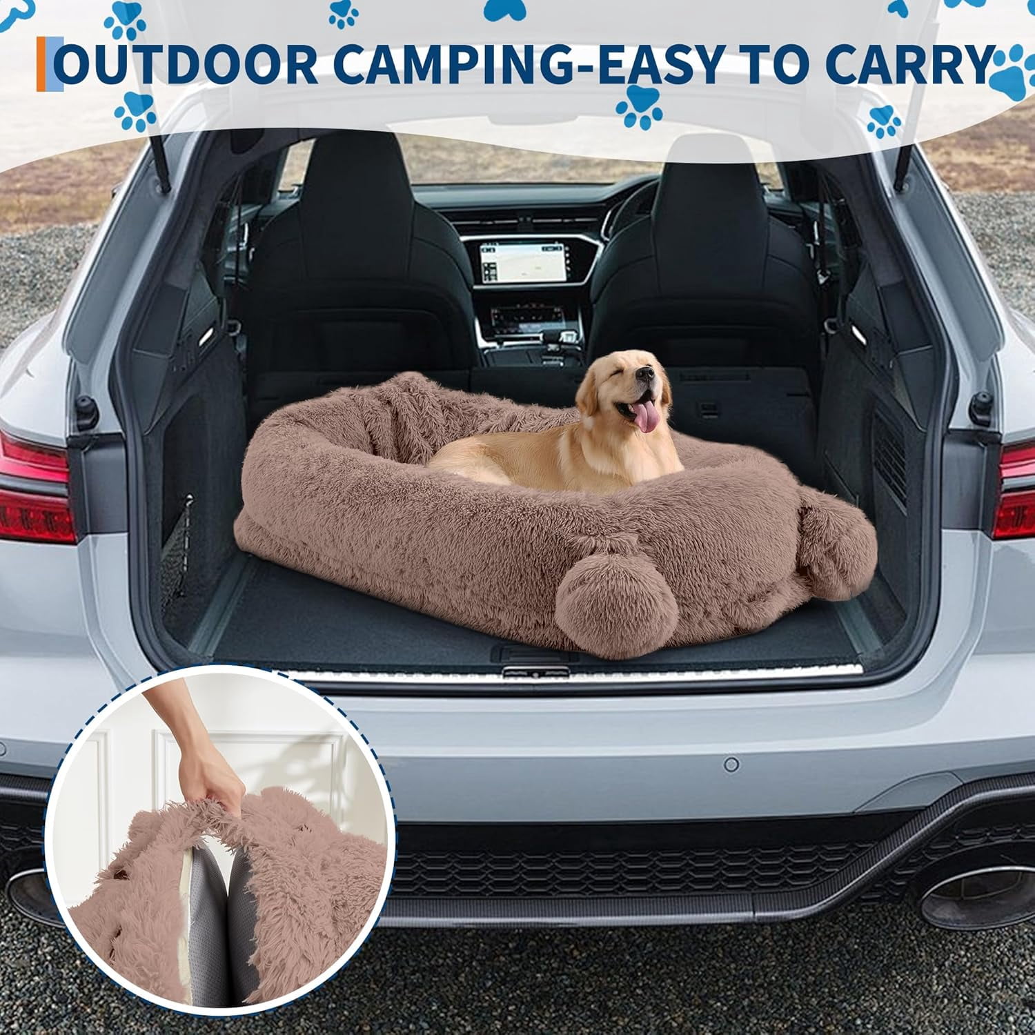 Human Sized Dog Bed, 70.87" x 45" x 12" Large Dog Bed with 2 Storage Pockets, Faux Fur Orthopedic Pet Bean Bed for Adults & Giant Pets - Khaki