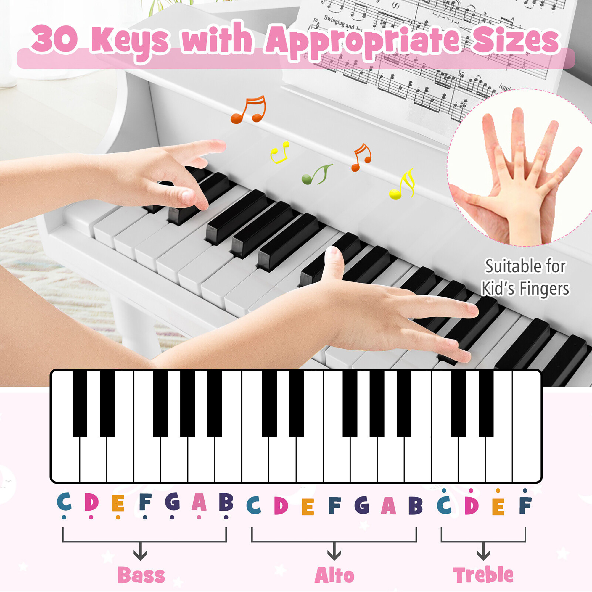 Gymax 30-Key Classic Baby Grand Piano Toddler Toy Wood w/ Bench & Music Rack White