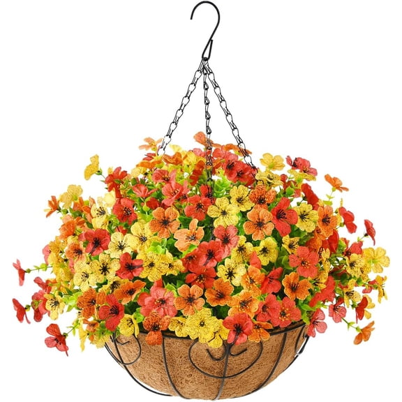 Artificial Faux Hanging Plants Flowers Basket Outdoor Porch Garden Spring Decoration,Fake Silk Daisy in Planter Realistic UV Resistant for Outside Home Patio Balcony Yard(Multicolor)