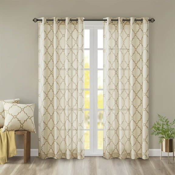 Madison Park Geometric Fretwork Adult Curtain Panel 50"x95" for Indoor Use in Beige/Gold