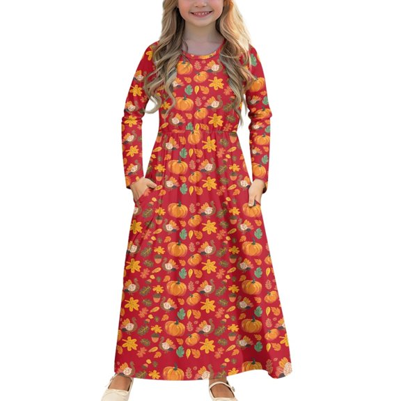 DISNIMO Thanksgiving Pumpkin Kids Dress Long Sleeve Dresses for Girls 5-6 Dress for Kids Dresses with Pockets Kids Long Frocks for Kids Full Sleeve Swing Dress Midi Girls Long Sleeve