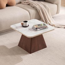 Guyou Modern Square Coffee Table for Living Room, 24" Walnut Curved Table with White Faux Marble Tabletop, Farmhouse Sofa Center Table with Conical Base for Reception/Bedroom/Office