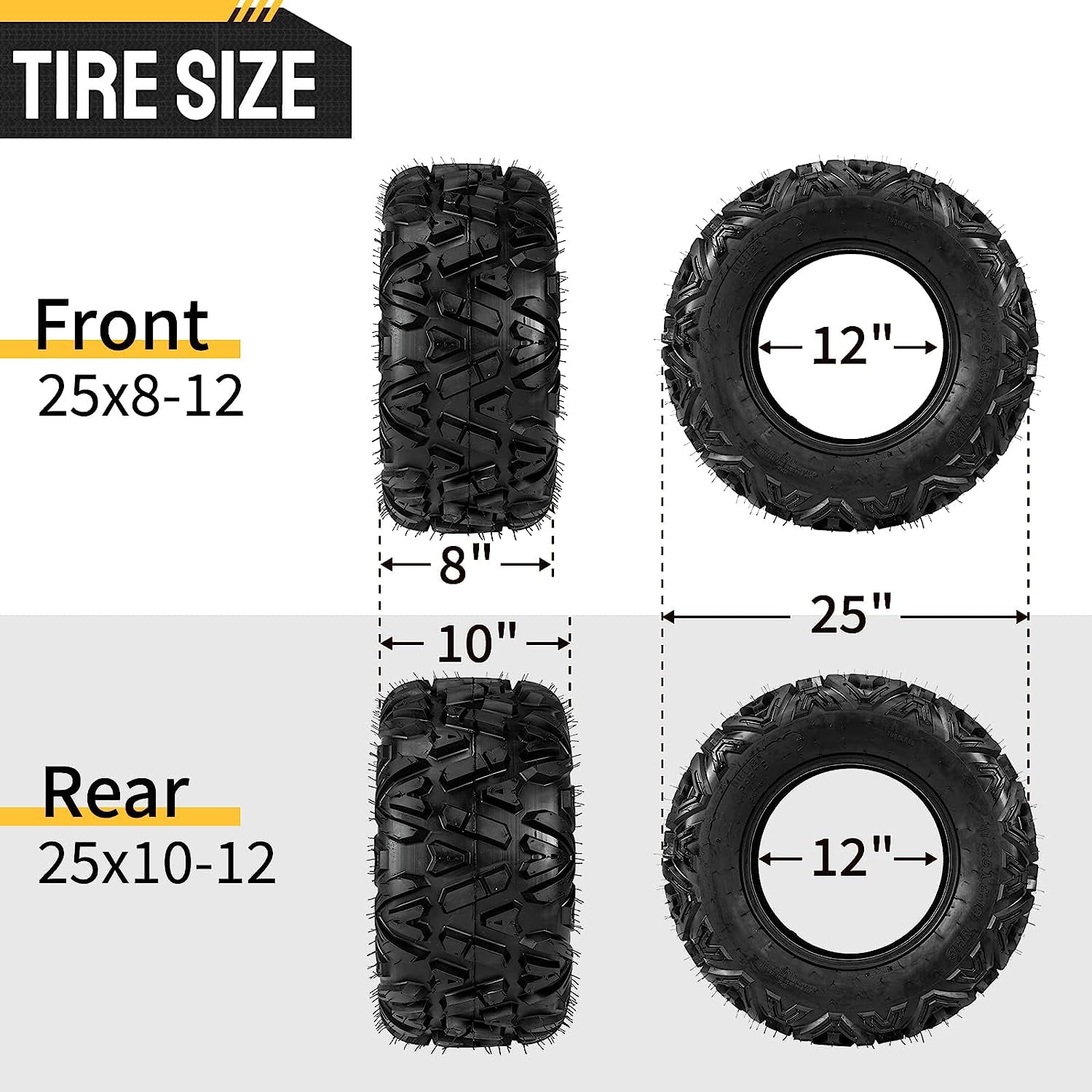 TUFFIOM Set of 4 ATV/UTV All-terrain Tires 25x8-12 Front 25x10-12 Rear, 6 PR, Tubeless