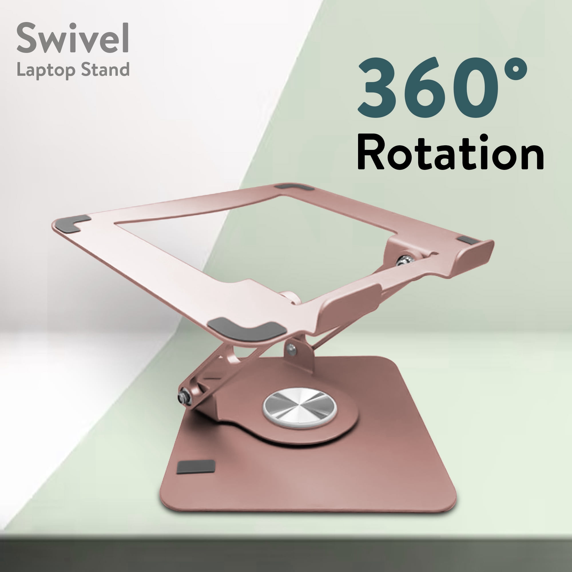 Swivel Laptop Stand for Desk – Adjustable Laptop Riser with 360° Rotation, Height & Tilt, Vented Metal Cooling Panel, Portable Folding Stand (RoseGold)