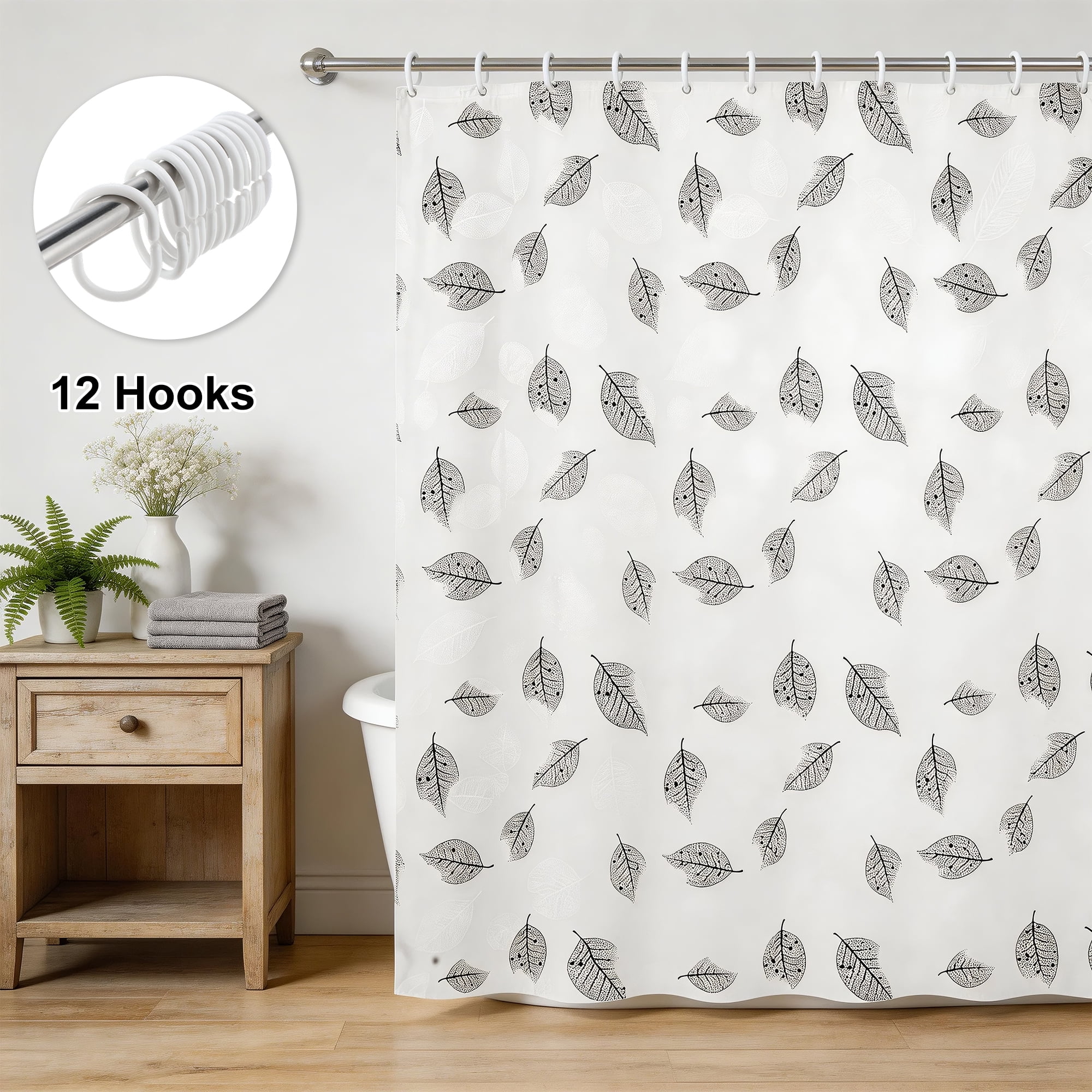 Unique Bargains Leaf Shower Curtain 70.87x70.87 White Light Gray Set for Bathroom