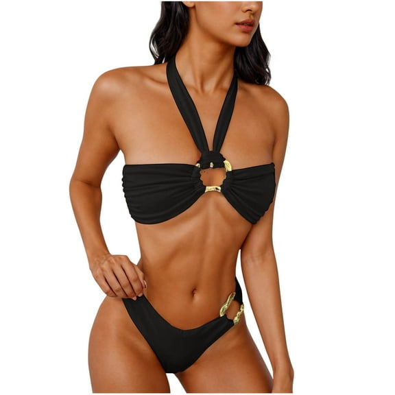 Staron Women's Bikini Sets Solid Color Tube Top Adjustable Halter Backless Swimsuit Two Piece High Cut Bathing Suit for Beach Vacation Pool Party, Black M