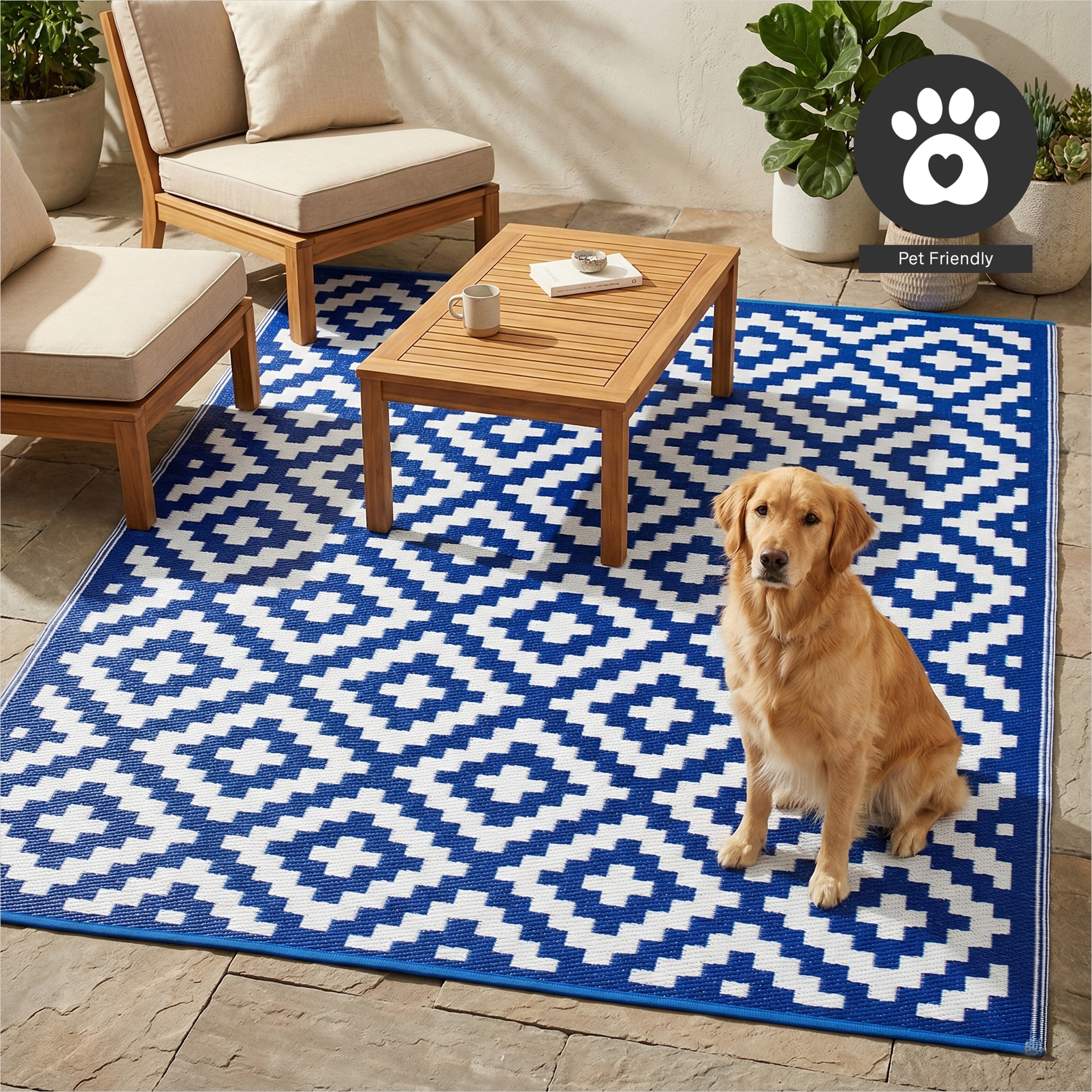 FH Home Outdoor Rug - Waterproof, Fade Resistant, Crease-Free - Premium Recycled Plastic - Geometric - Porch, Deck, Balcony, Mudroom, Laundry Room, Patio - Aztec - Blue & White - 3 x 5 ft