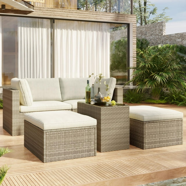 UWR-Nite 5 Piece Wicker Patio Furniture Set, PE Wicker Rattan Small Patio Set Porch Furniture, Cushioned Patio Chairs Set w/Ottoman &Table, Outdoor Lounge Chair Chat Conversation Set
