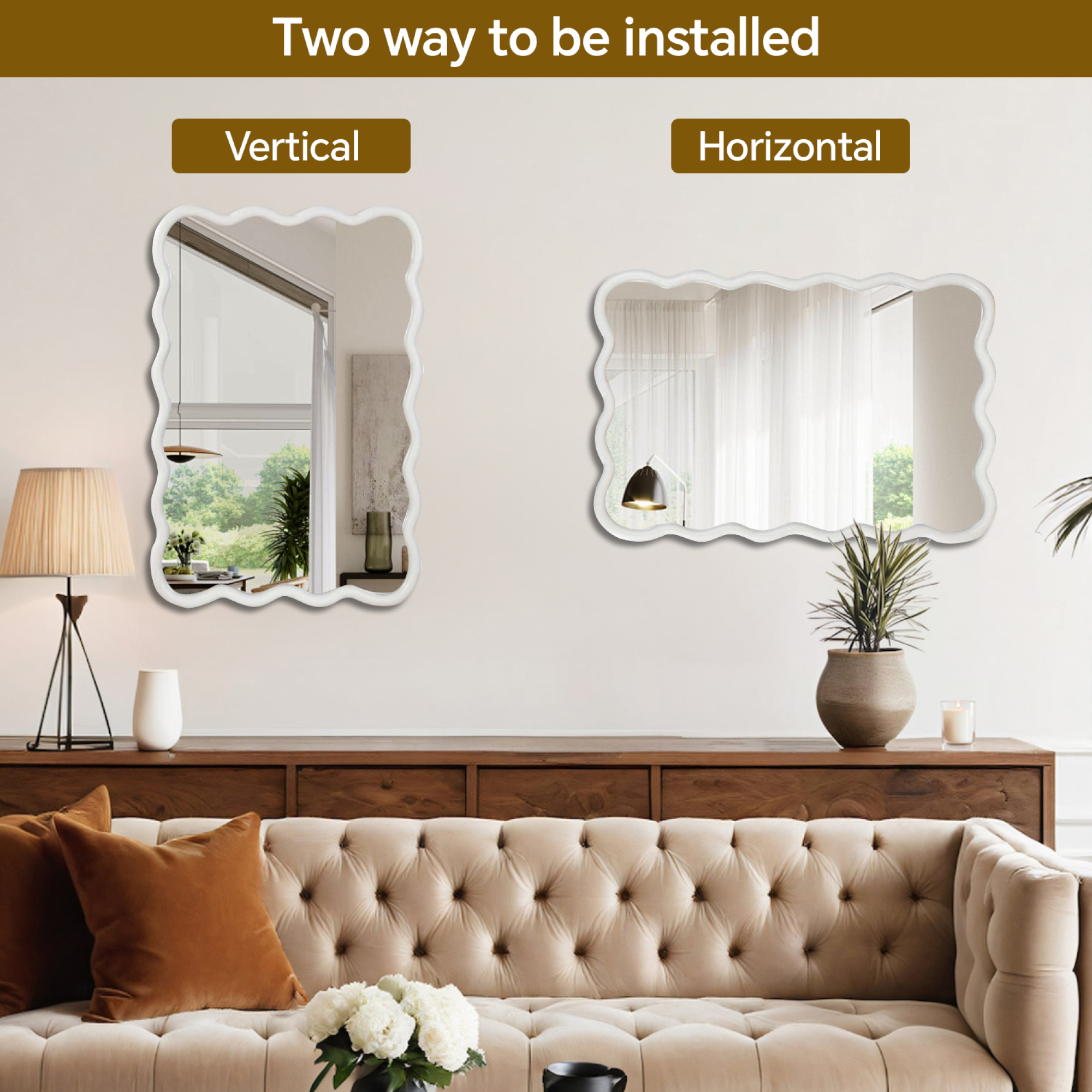 Leumius 24"x36" Wavy Rectangle Mirror, Solid Wood Frame Decorative Mirror for Bedroom Bathroom Living Room Entryway White