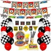 197PCS Race Car Birthday Party Supplies Race Party Decoration Set Racing Birthday Signs Banner Checkered Balloons for Boys,Balloons Tablecloths Plates Cups Straws Tableware Utensils,Serves 20