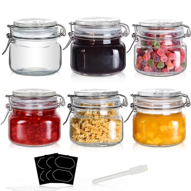 YEBODA Frascos de vidrio para almacenamiento de alimentos de 16 oz con tapas herméticas con abrazadera y juntas de silicona para recipientes de cocina multiusos, cuadrados transparentes (paquete de 6)