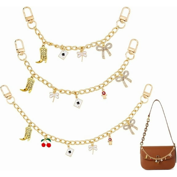 3Pcs Gold Decorative Bag Chain 3 Sizes Replacement Extension Bags Chain Purse Chains with Cherry Dragonfly Bowknot Enamel Pendant for Women Tote Shoulder Bags Decorative Accessories Gold