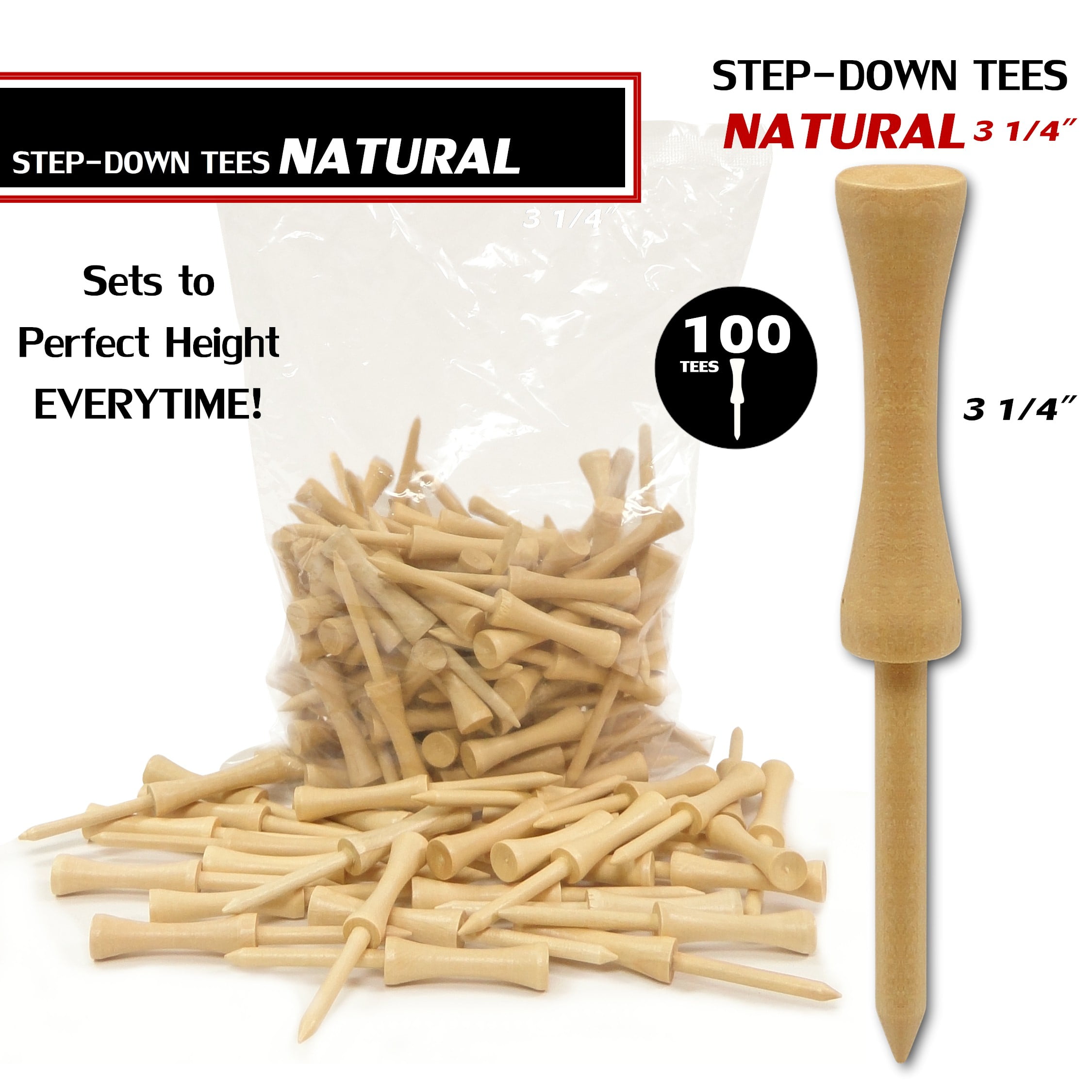 100 Pack Premium Wood Golf Tees "Step Tees" (available in various