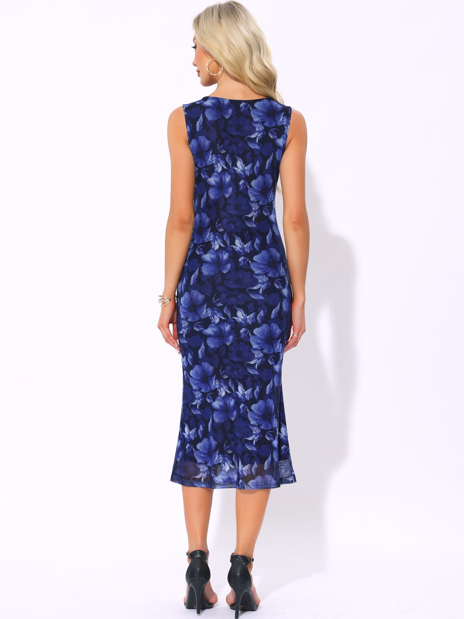 DARING DIVA Mesh Floral Sleeveless Crew Neck Cocktail Midi Dress S Dark Blue