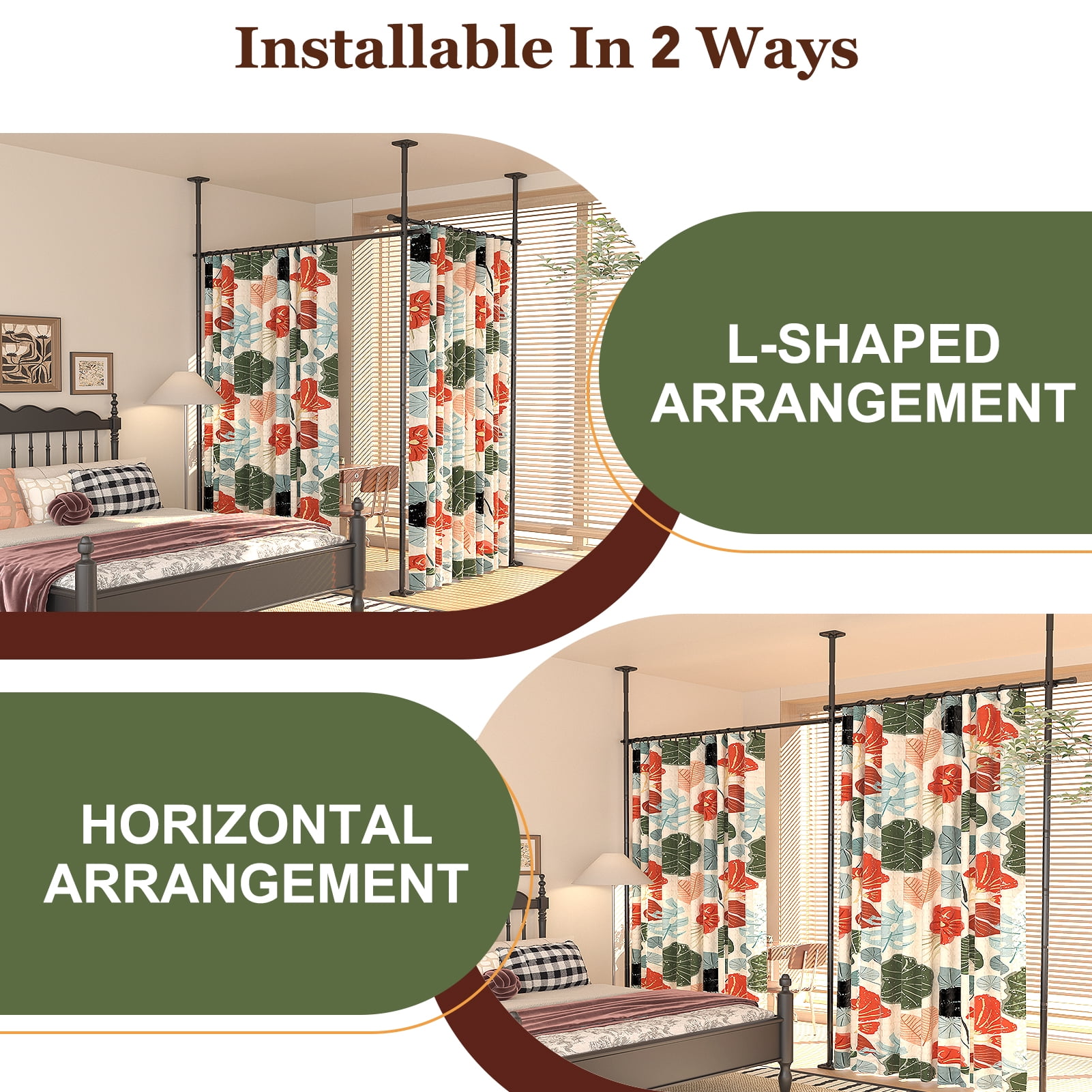 Yeabett Room Divider No Drilling Curtain Rods for Windows,4-10ft(H) 28-114inch(W) Adjustable Temporary Privacy Wall Divider,Tension Curtain Rods No Drilling,Black