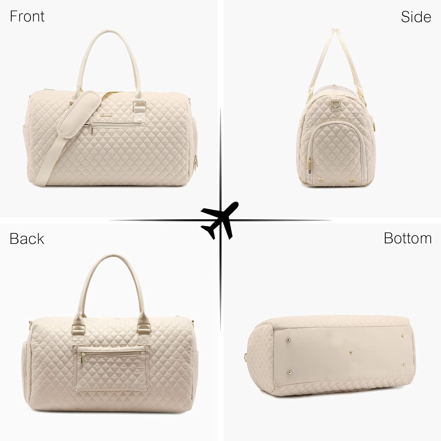 Lovevook Weekender Bag for Women, Large Travel Duffle Bag with Toiletry Bag, Gym Beach Bag Mummy Hospital Overnight Bag with Separate Wet Pocket-Beige & Quilted
