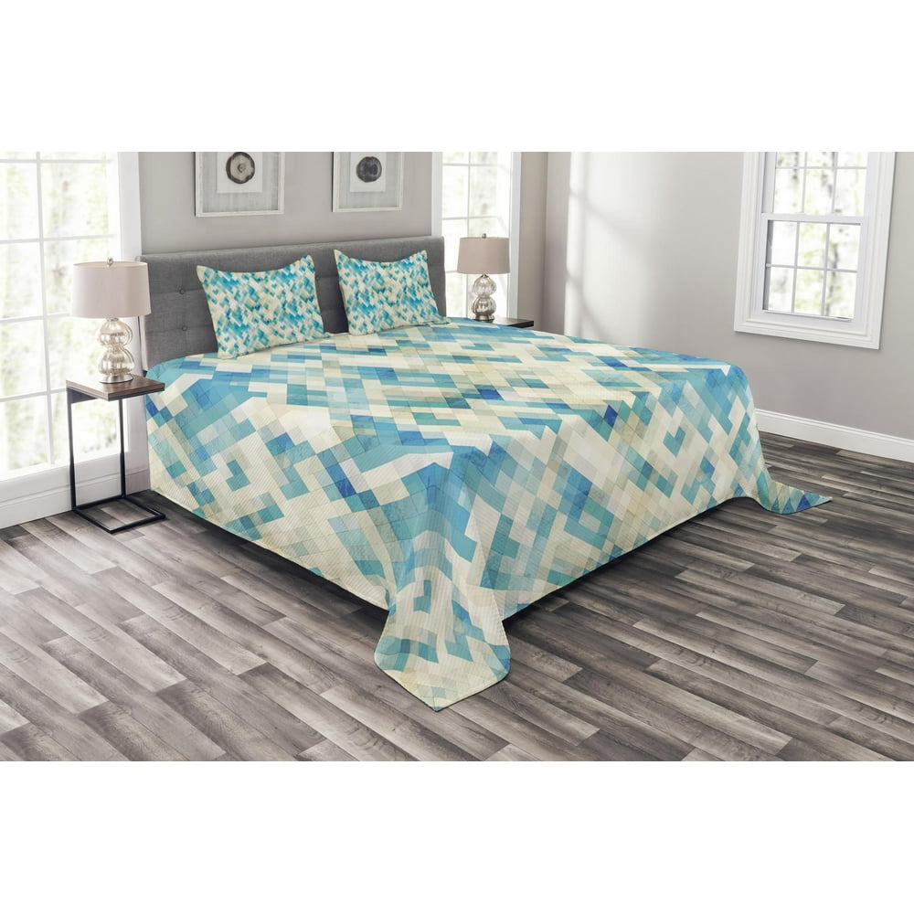 Geometric Bedspread Set King Size, Blue Themed Hexagonal Shaped
