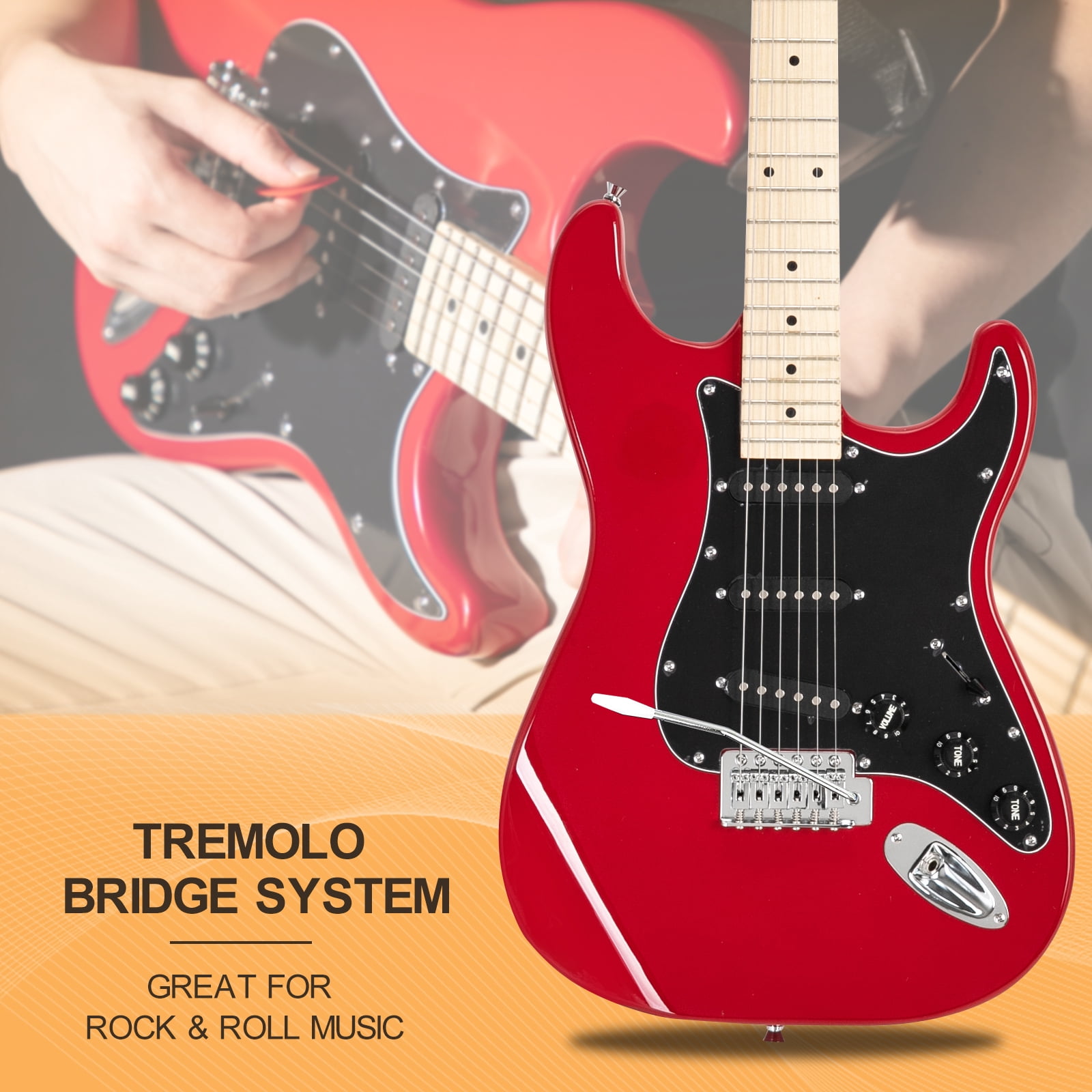GLARRY Full Size Maple Electric Guitar with Amp and Case Beginner Red