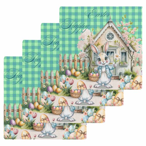 Easter Bunny Eggs Kitchen Dish Towels for Drying Dishes Set of 4, Spring Pink Flowers Country Cabin Green Plaid Waffle Weave Microfiber Hand Tea Bathroom Towels Quick Dry & Absorbent Towel 12x12