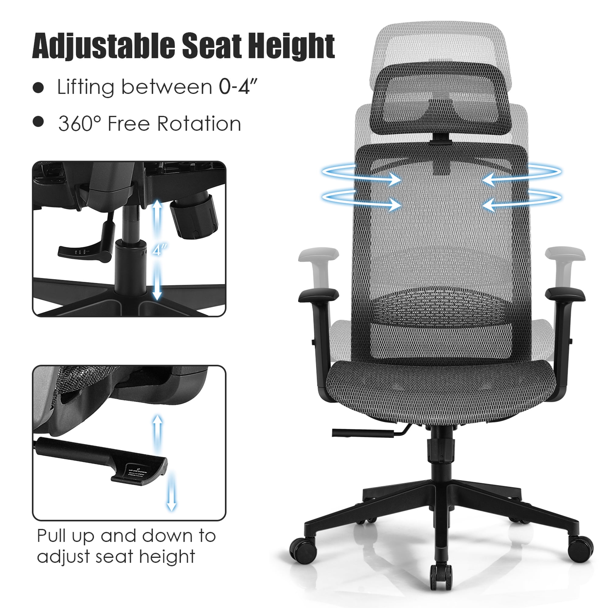 Gymax High Back Mesh Office Chair Swivel Executive Chair w/ Lumbar Support  Grey 