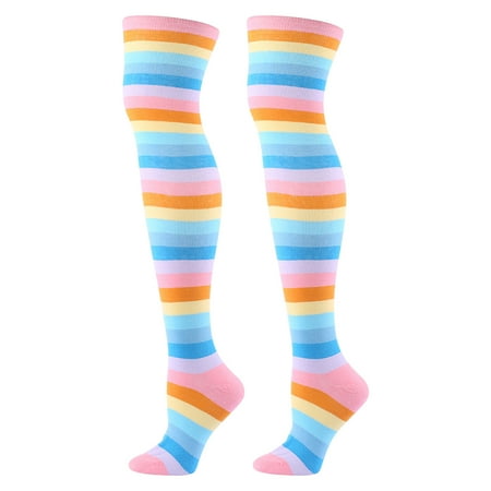 

Socks Clearance Spring Autumn Women Party Rainbow Striped Cotton Over The Knee Stockings Pink Y11