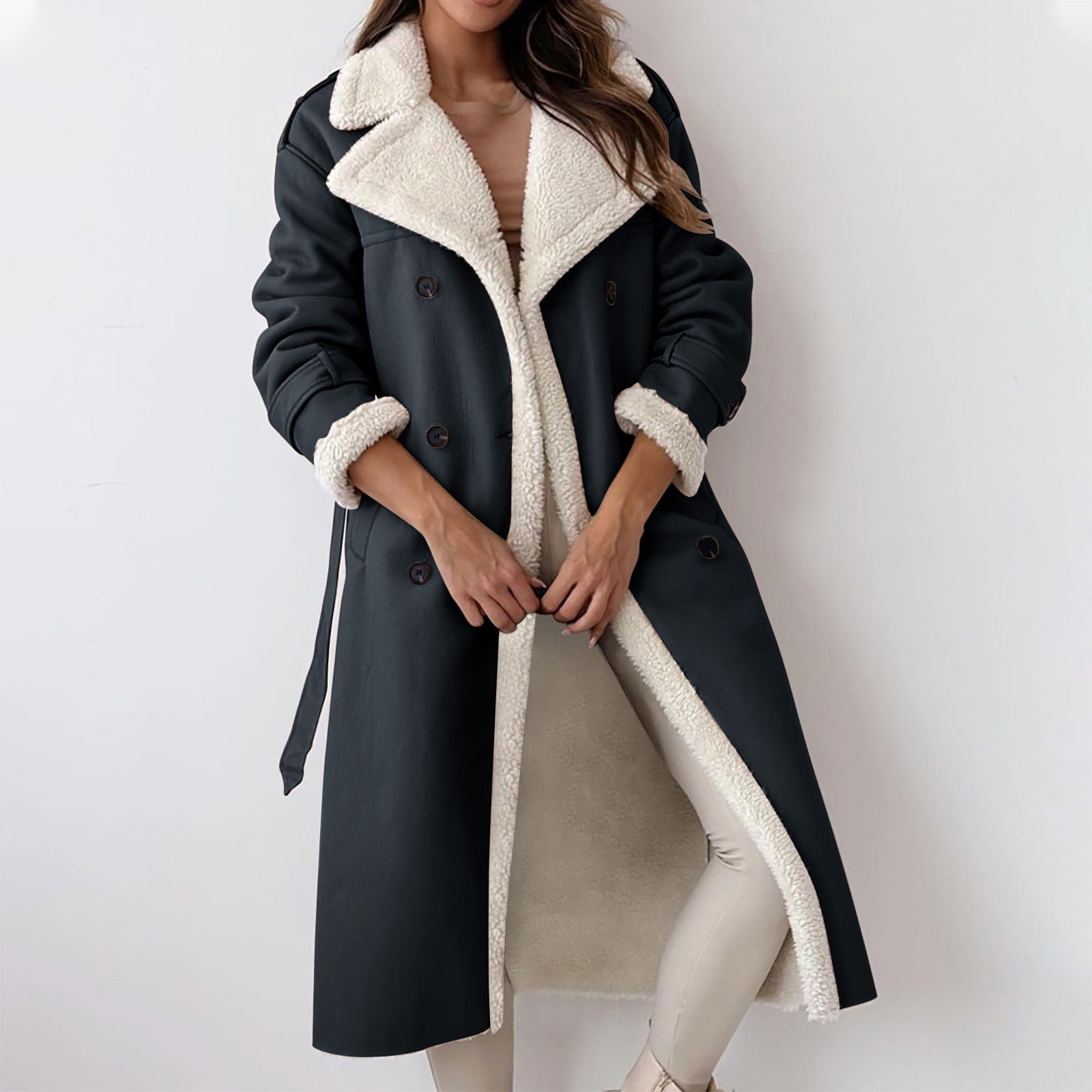 APEXFWDT Women Shearling Sheepskin Faux Leather Coat Long Winter Warm Sherpa Lined Jacket Notch Collar Button Down Trench Coat with Belt