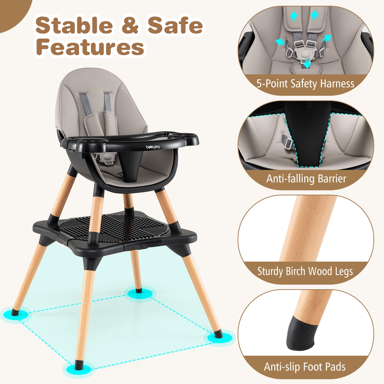 Babyjoy 6 in 1 High Chair Convertible Highchair for Babies & Toddlers with 5-Point Harness Black