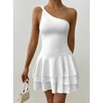 thumbnail image 5 of Women'S One Shoulder Smocked Shirred Tiered Ruffle Sleeveless A-Line Mini Dress White L, 5 of 9