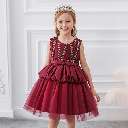 

Herrnalise Toddler Girls Solid Color Leaf Embroidery Net Yarn Bowknot Birthday Party Flowers Gown Kids Dresses