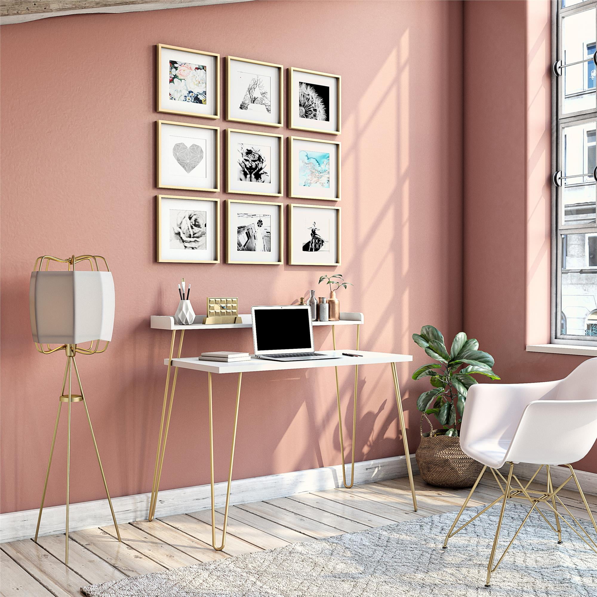 Ameriwood Home Griffin Retro Computer Desk with Riser, White with Gold