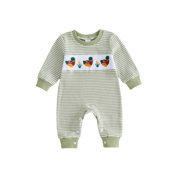 RUINIXCW Baby Boy Long Sleeve Romper Striped Mallard Embroidered Waffle Jumpsuit