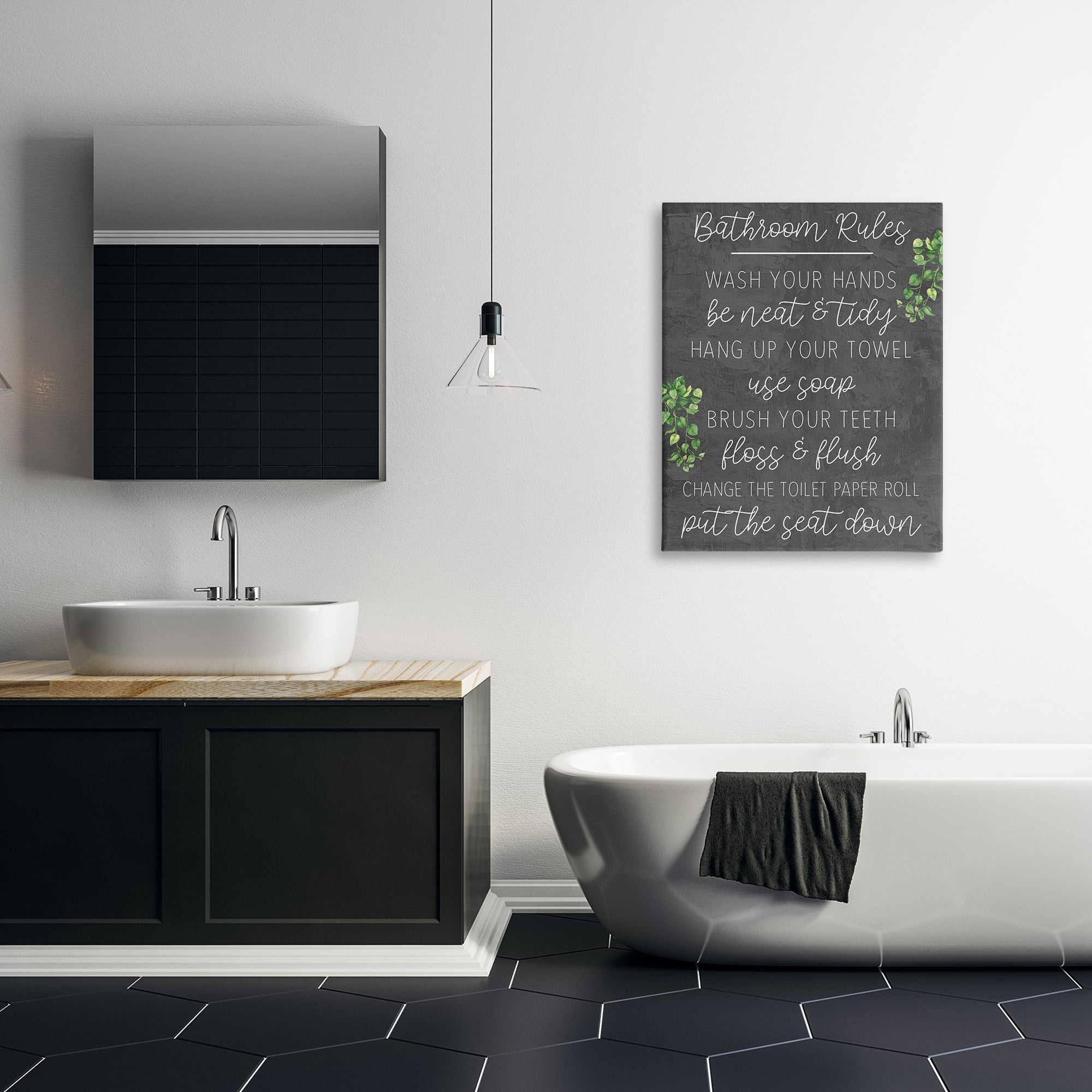 Stupell Industries Bathroom Rules with Greenery Bath & Laundry Painting Wrapped Canvas Art Print Wall Art, 30 x 40