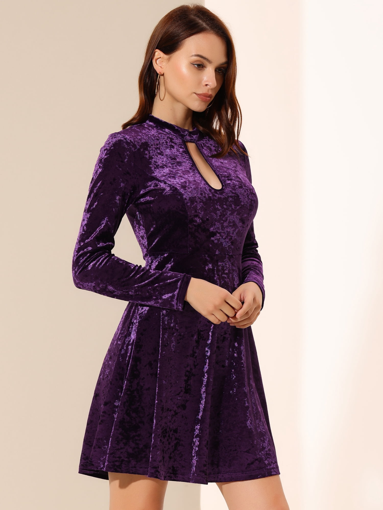 DARING DIVA Women's Prom Choker Neck High Waist Velvet Mini Dress L Purple
