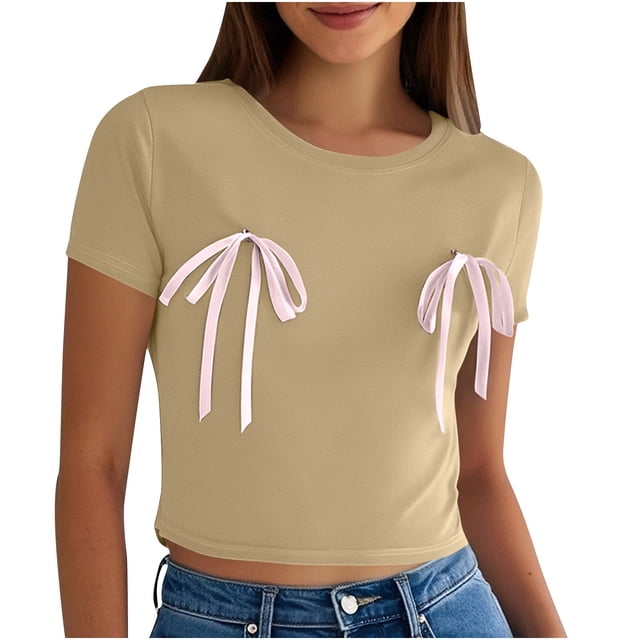 Yuyuzo Hauts de Sortie pour Femmes Nœud Papillon Manches Courtes Crop Top Col Rond T-Shirts Été T-Shirts Basiques