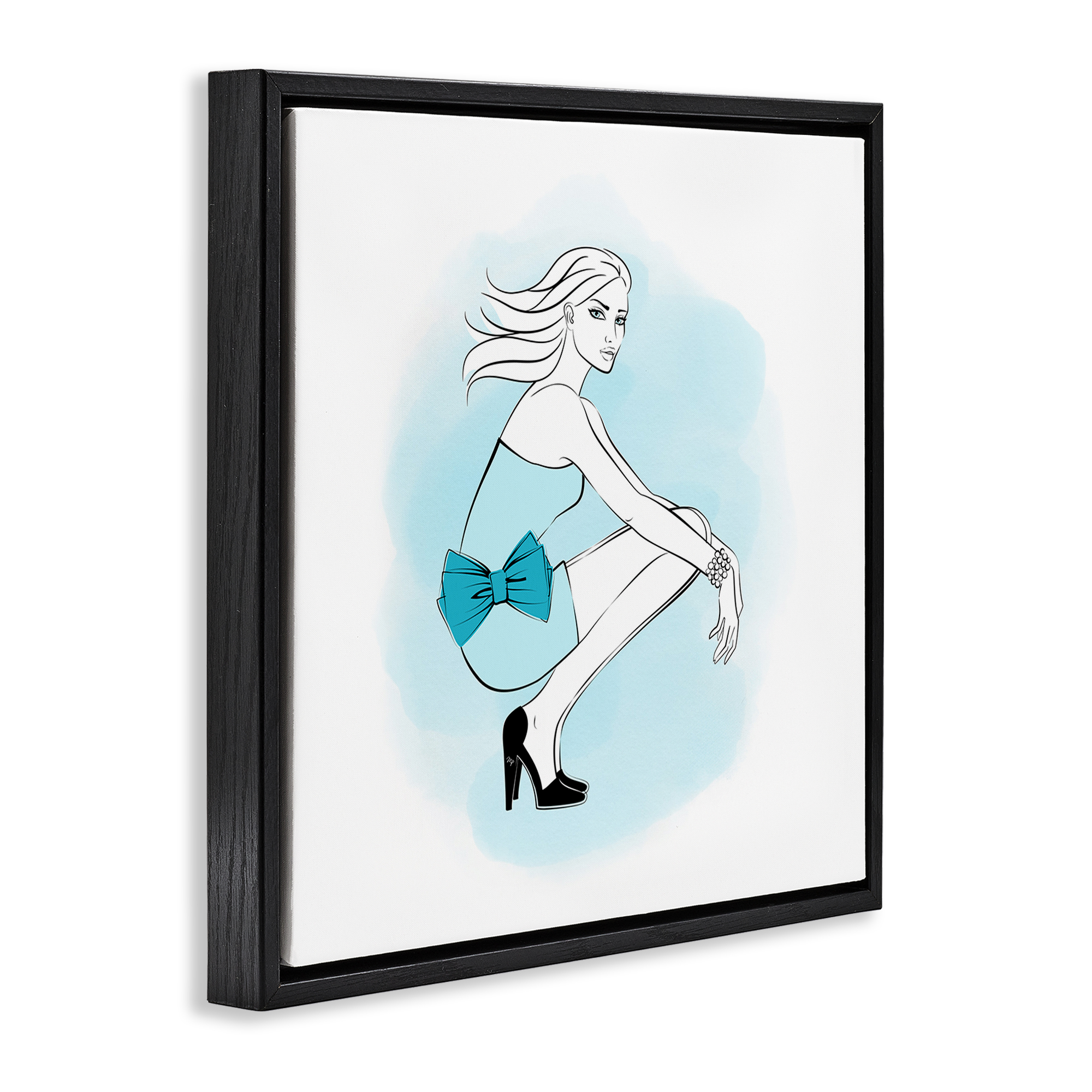 Stupell Industries Girl with Blue Bow Novelty Painting Black Floater Framed Art Print Wall Art, 25 x 25