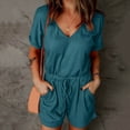 thumbnail image 4 of Lisingtool Womens Overalls Rompers for Women V Neck Summer Casual Loose Short Sleeve Jumpsuits Elastic Waist Summer Outfits with Pockets Jumpsuits for Women Dressy Blue, 4 of 7