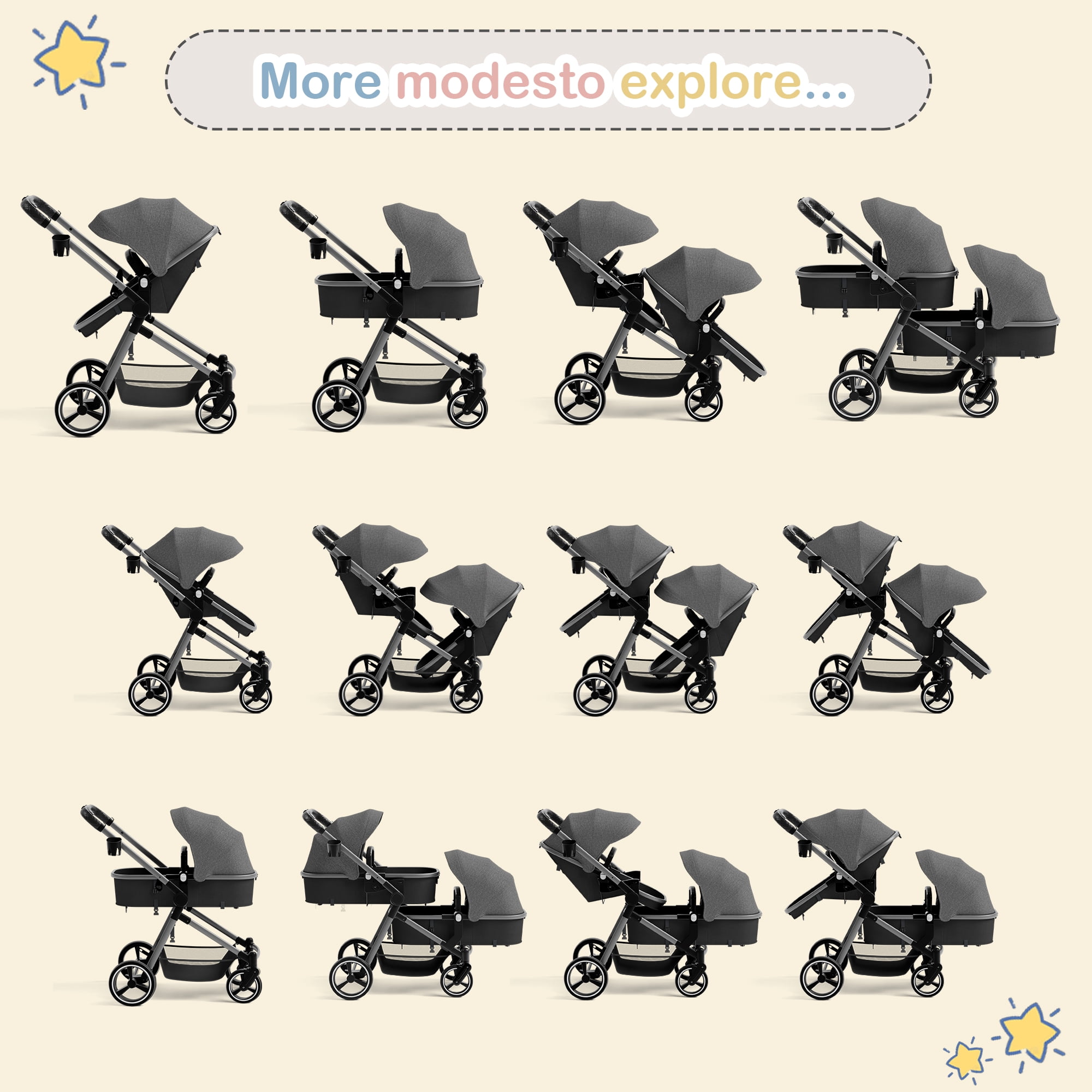 Double Stroller, Foldable Tandem for Infants & Toddlers, Reclining Seats, 5-Point Harness, Large Basket, Gray
