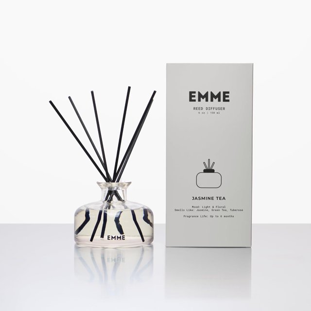 EMME nyc Natural Reed Diffuser - Jasmine Tea, 6 oz/Non-Toxic, Flameless Home Fragrance/Good for Kitchen, Bathroom, Living Room/Long Lasting Scent up to 6 Months