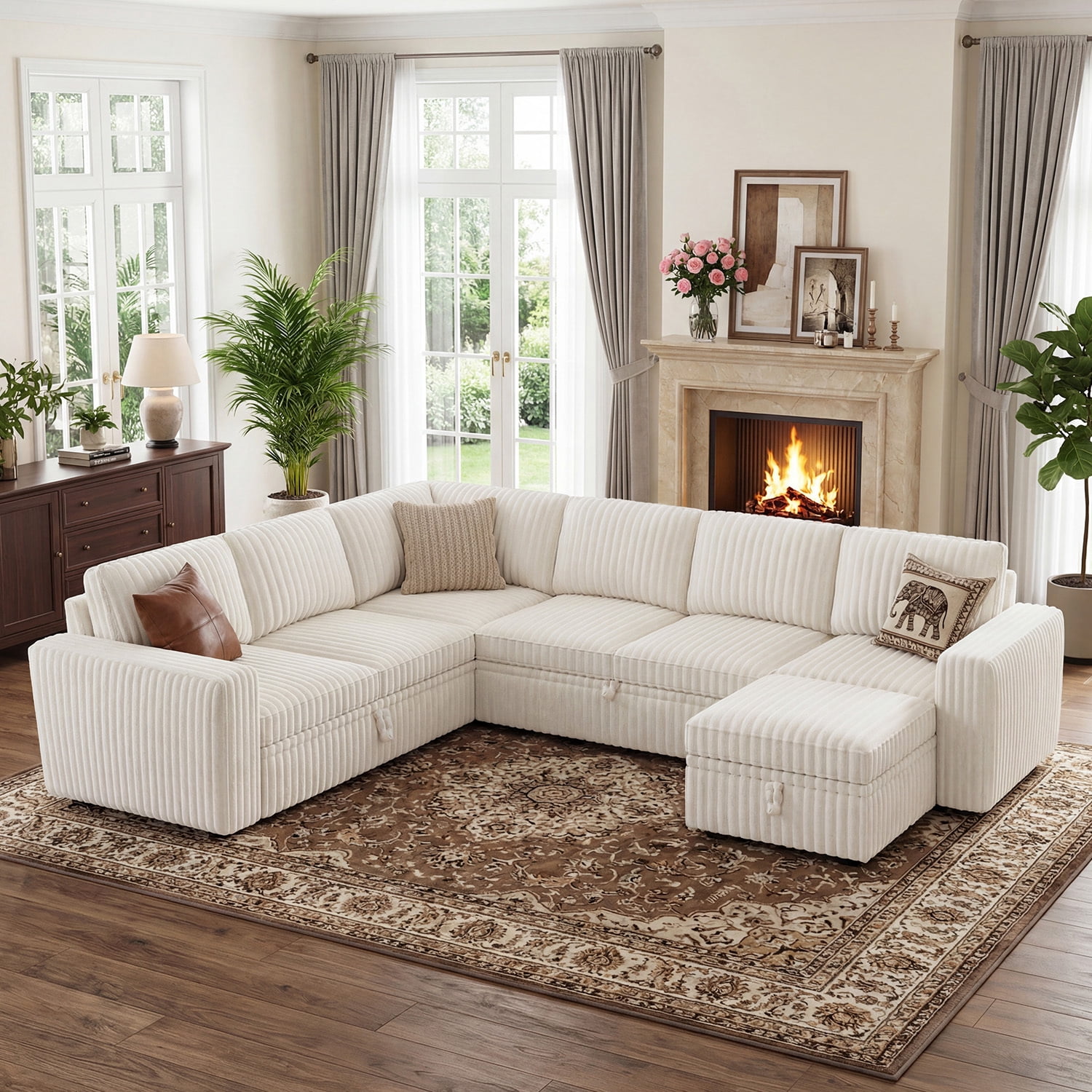 Marrber 106” Oversized Modern Plush Corduroy U-Shaped Modular 7-Seater Pull-Out Sectional Sleeper Sofa Bed with Hidden Storage for Living Room and Apartment, Easy Assembly, White