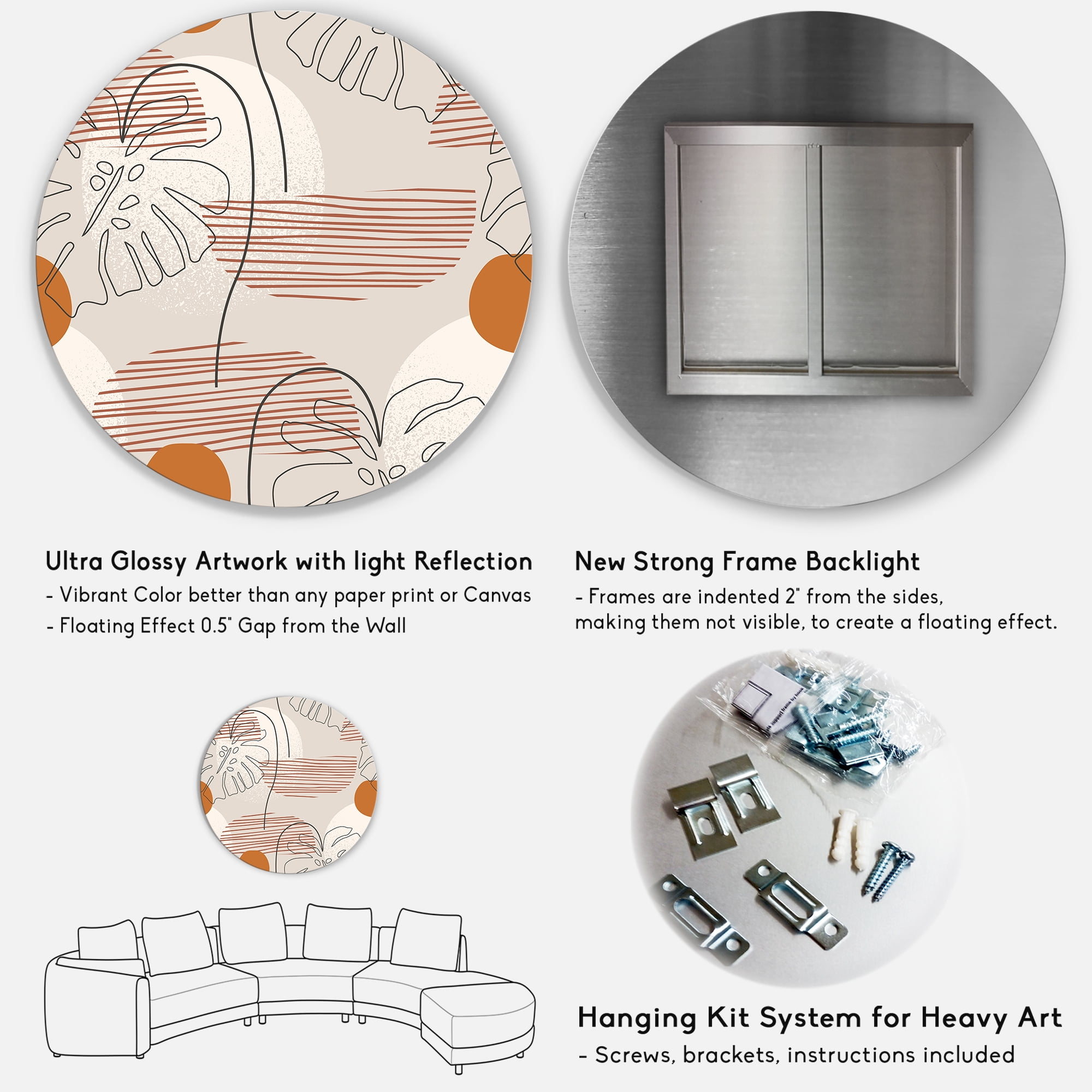 Designart 'Abstract Monstera Leaf and One Line Art Shapes' Modern Circle Metal Wall Art 11x11 - Disc of 11