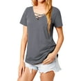 thumbnail image 5 of Nlife Women Criss Cross V Neck Short Sleeve Solid Color T-shirt, 5 of 7