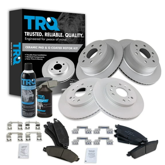 TRQ Brake Pad & Coated Rotor Kit Ceramic Front & Rear w/Fluids for Chevy GMC BKA22925